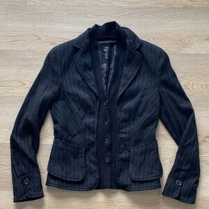 Marc Cain Virgin Wool Silk Knit Blazer Black Pinstripe Tailored Jacket Designer